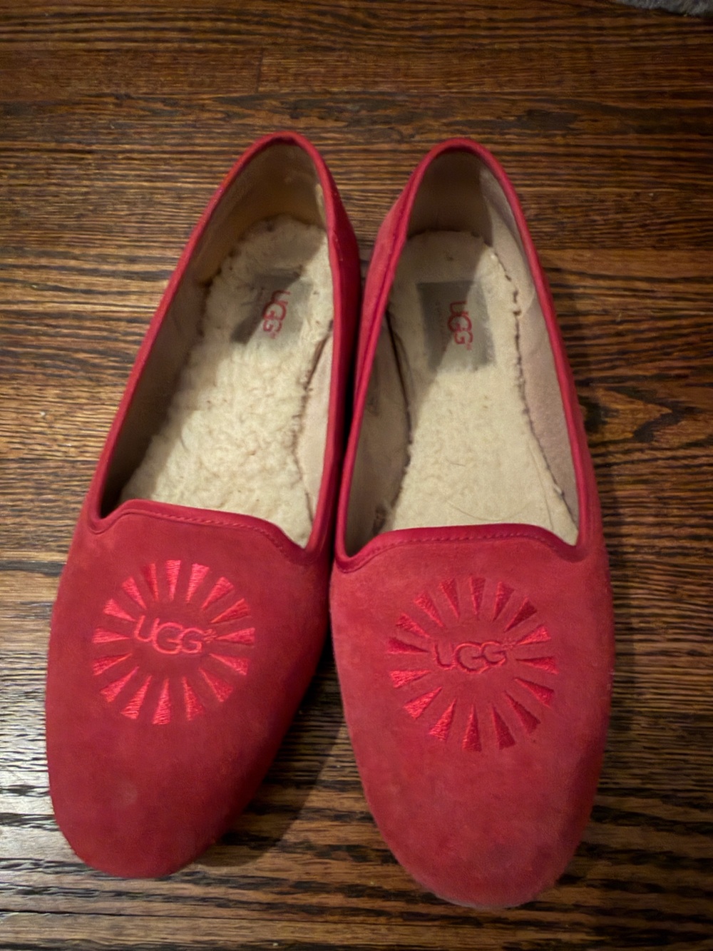 UGG Women's Red Suede Slip-On Loafers with Shearling Lining